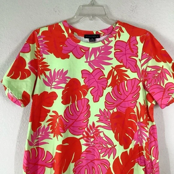 SANCTUARY Tropical Palm Print T-Shirt Dress 1X Pink Chartreuse Resort Vacation - Picture 3 of 9